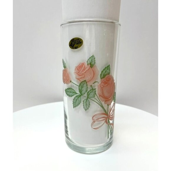The European Collectioo Other - Enameled Etched Floral Clear Glass Vase Pink Roses European Collection Turkey